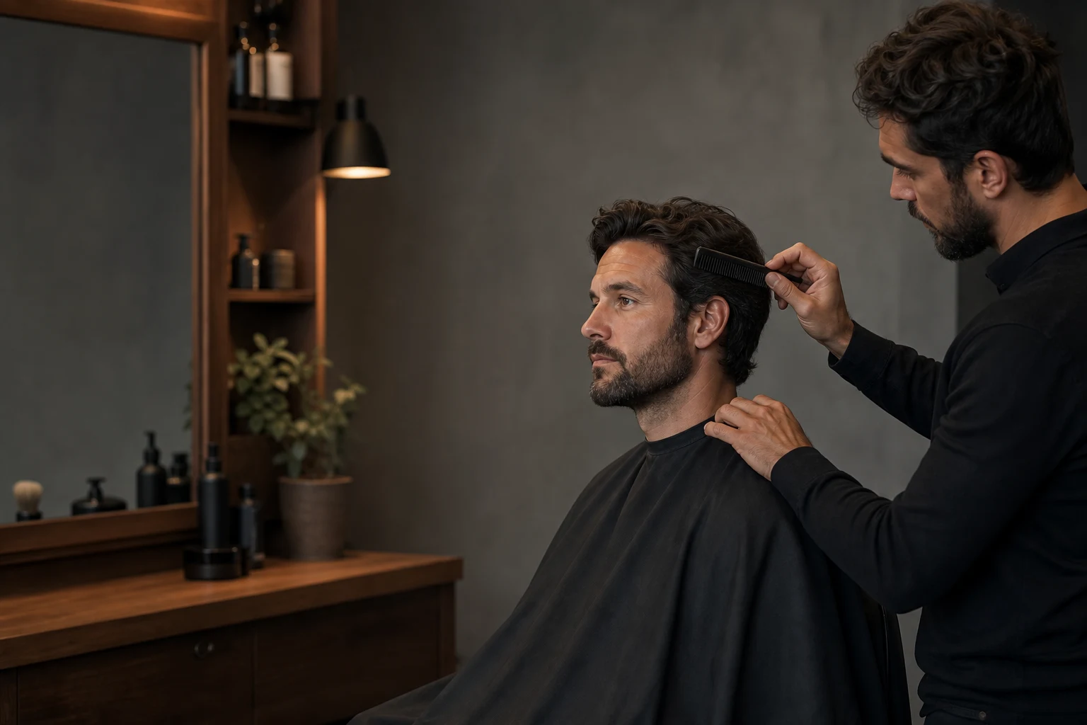 Adult discussing haircut shape with a barber