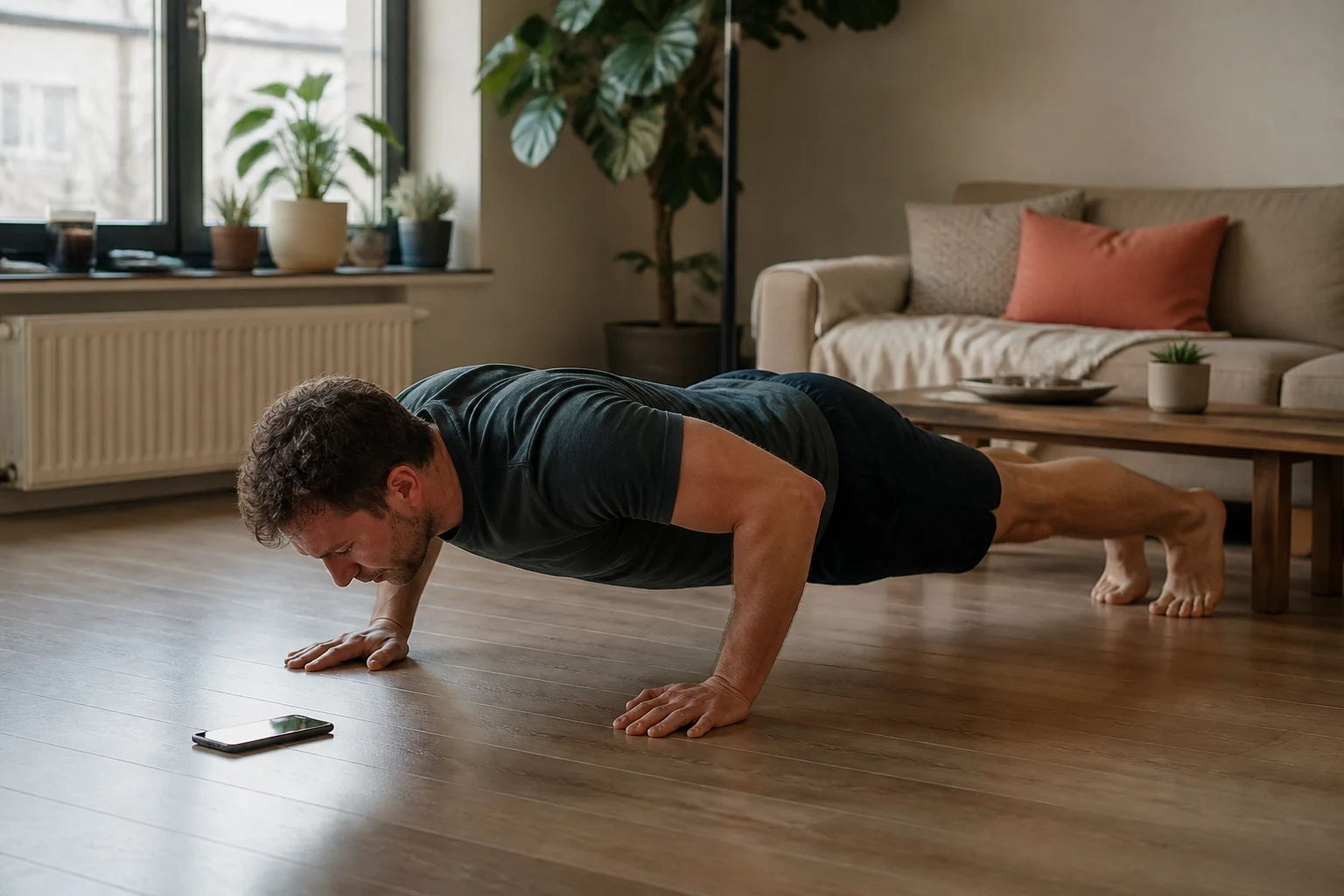 Adult completing a controlled push-up beside a phone in a living room