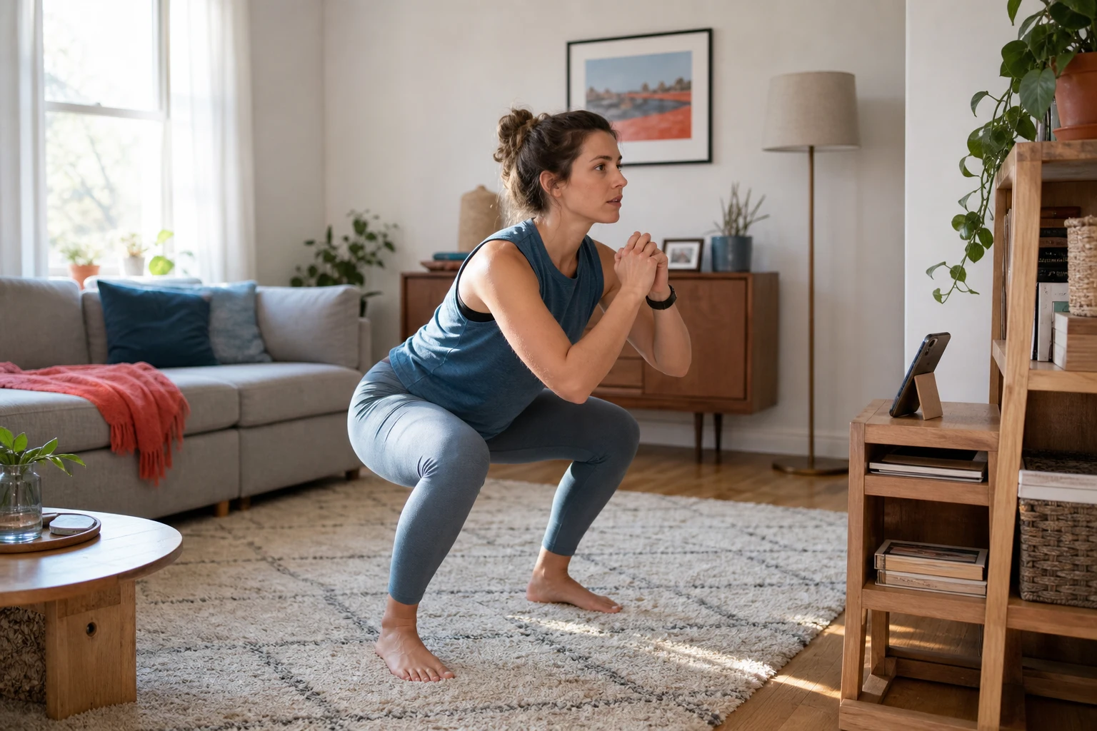 Adult completing a bodyweight squat in a bright living room
