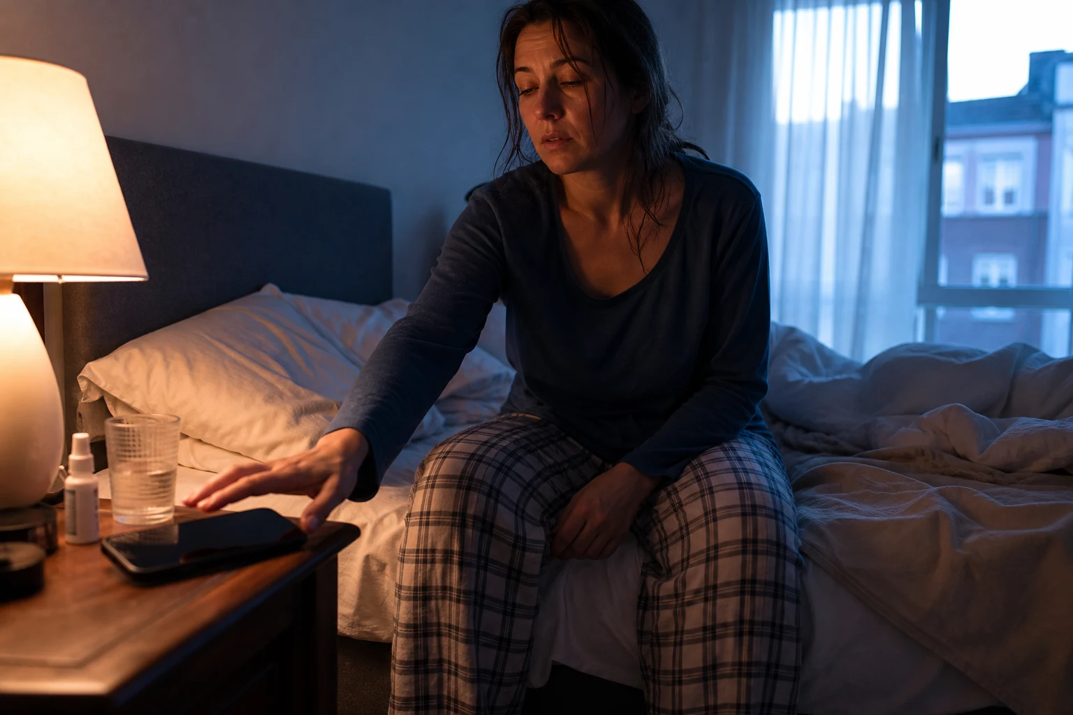 Sleepy adult reaching toward a phone alarm beside the bed