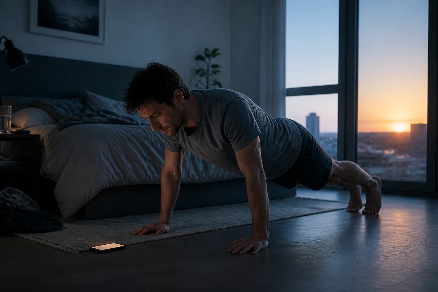 Adult completing a controlled push-up beside a glowing alarm phone at dawn