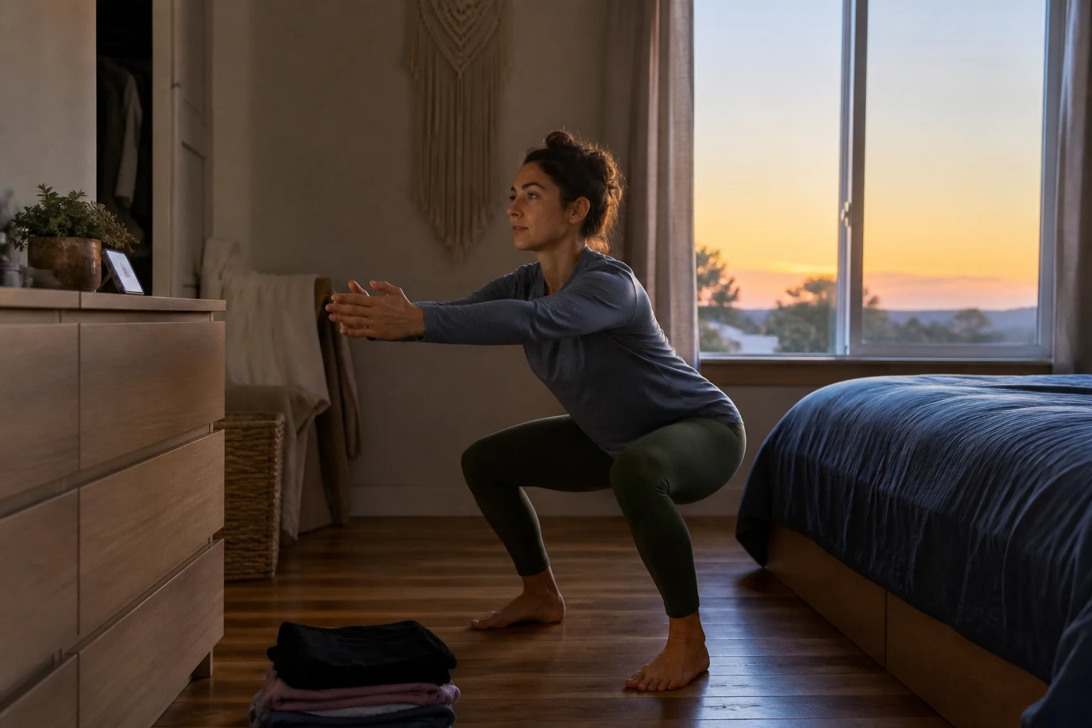 Adult completing a controlled squat in a bedroom at dawn